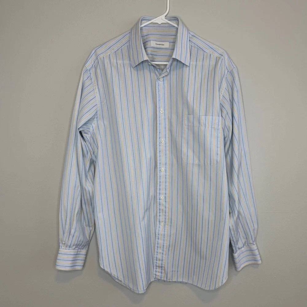 Ermenegildo Zegna Light Blue Yellow Stripe Dress Shirt 16.5 Cotton Portofino - Picture 1 of 11